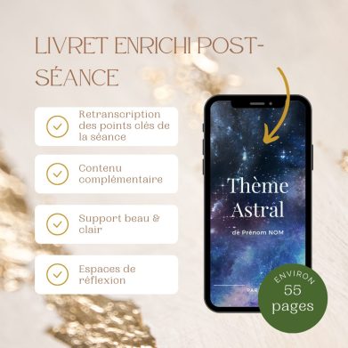 Livret d'intégration astrologique : photo d'un smartphone avec la page de couverture d'un thème astral enrichi sur un fond doré avec le descriptif en légende