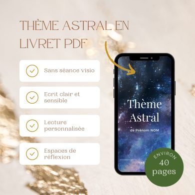 Livret Thème Astral – Initiation personnalisée au format PDF : photo d'un smartphone avec la page de couverture d'un thème astral sur un fond doré avec le descriptif en légende
